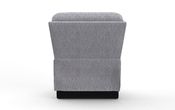 Gray fabric upholstered armchair with a high backrest and black base, shown from the rear view on a white background.