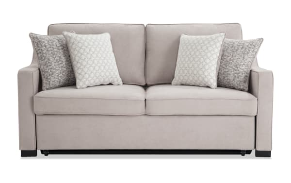 Taupe Bob-O-Pedic® 73" Queen Pop-Up Sleeper Sofa with beige polyester fabric upholstery, transitional style, slope arms, memory foam cushions, and four accent pillows.