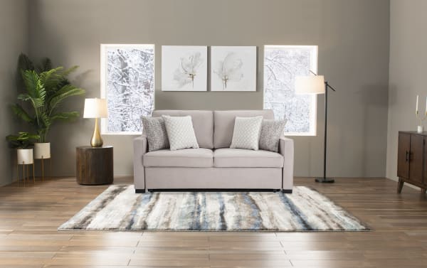 Taupe Bob-O-Pedic® 73" Queen Pop-Up Sleeper Sofa in transitional style with polyester fabric upholstery, slope arms, accent pillows, and memory foam cushions.