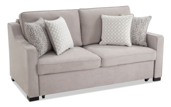 Taupe 73'' Bob-O-Pedic® Queen Pop-Up Sleeper Sofa in beige polyester fabric with transitional style, slope arms, memory foam cushions, and accent pillows.