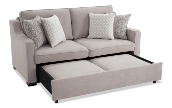 Taupe Bob-O-Pedic® 73'' Queen Pop-Up Sleeper Sofa with transitional style, polyester fabric upholstery, slope arms, memory foam cushions, and accent pillows.