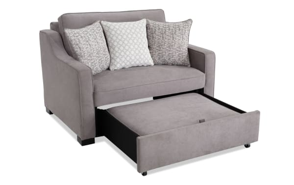 Bob-O-Pedic® Gray 51'' Twin Pop-Up Sleeper Chair in gray polyester fabric with transitional style, traditional slope arms, memory foam cushions, and three accent pillows.