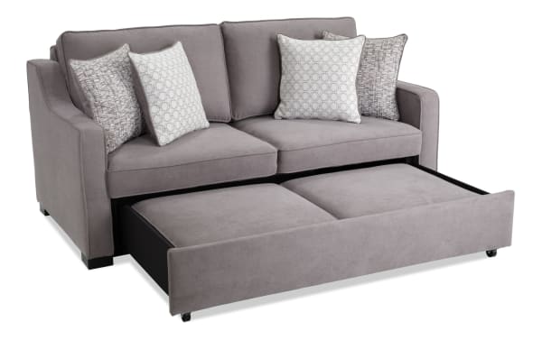 Gray Bob-O-Pedic® 73'' queen pop-up sleeper sofa in transitional style with polyester fabric upholstery, memory foam cushions, and included accent pillows.