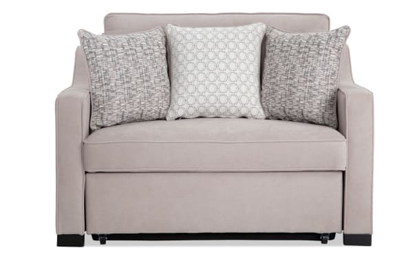 Taupe Bob-O-Pedic® 51'' twin pop-up sleeper chair in transitional style, beige polyester fabric with slope arms and three patterned accent pillows.