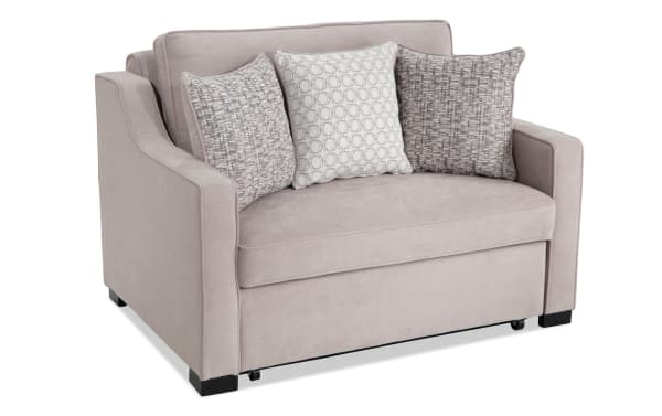 Bob-O-Pedic® Taupe 51'' Twin Pop-Up Sleeper Chair in beige polyester fabric with transitional style, slope arms, memory foam cushions, and accent pillows.