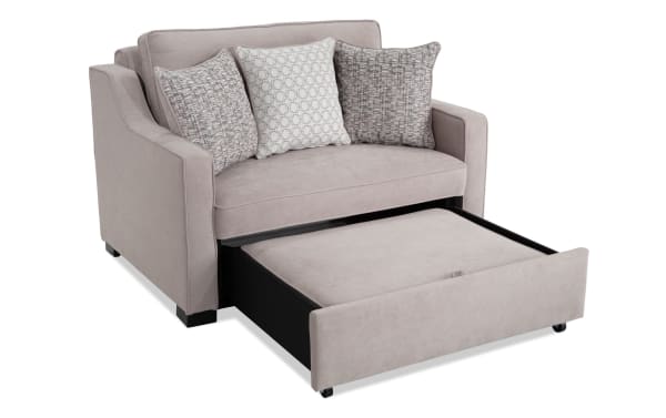 Bob-O-Pedic® Taupe 51'' Twin Pop-Up Sleeper Chair in beige polyester fabric with transitional style, slope arms, accent pillows, and memory foam cushions.