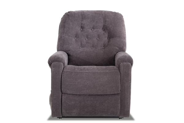 Amelia Charcoal transitional power lift recliner in soft polyester fabric with plush cushioning, button tufted back, and padded arms.