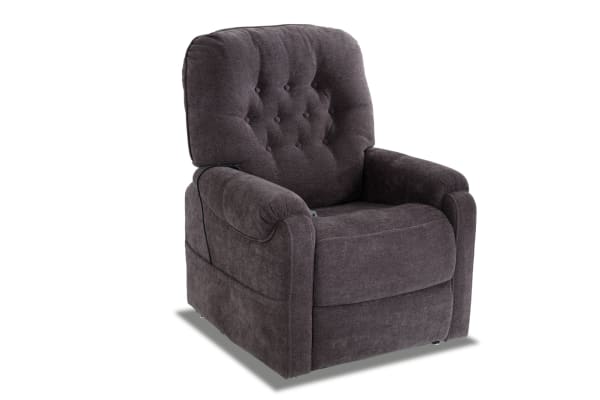 Amelia Charcoal transitional power lift recliner in soft polyester fabric with tufted back, memory foam, massage, heat, and USB charging port.