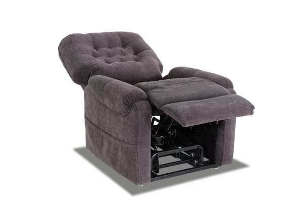 Amelia Charcoal Massaging Power Lift Recliner in transitional style with soft polyester fabric, memory foam cushioning, USB port, and heat function.