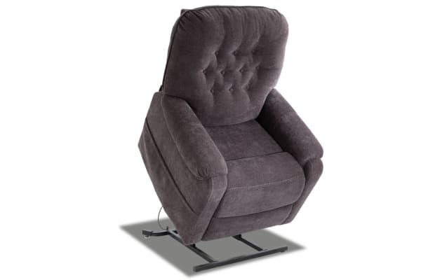 Amelia Charcoal transitional power lift recliner in polyester fabric with tufted back, memory foam, massage, heat, and USB port for device charging.