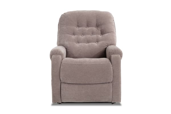 Transitional Amelia Ash Massaging Power Lift Recliner in soft gray polyester fabric with tufted back, padded arms, and memory foam cushioning