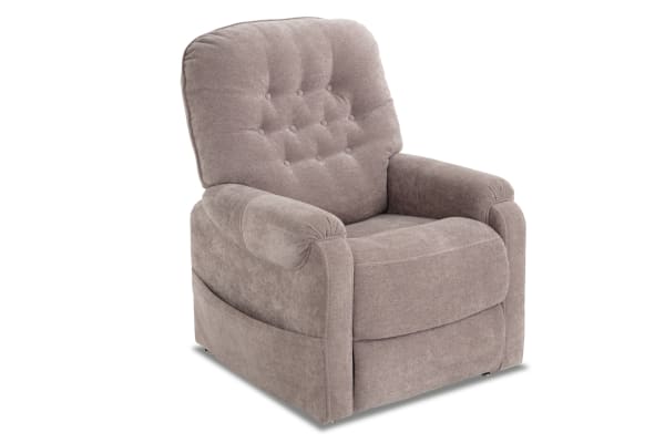 Transitional Amelia Ash Massaging Power Lift Recliner in gray polyester fabric with tufted back, padded arms, memory foam, heat, massage, and USB port.
