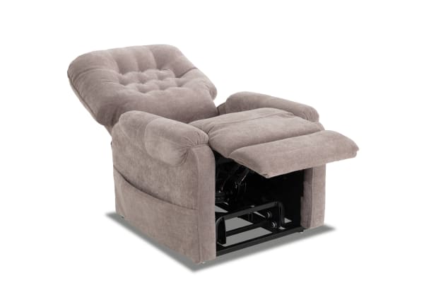 Transitional Amelia Ash Massaging Power Lift Recliner in gray polyester fabric with memory foam, USB port, heat, and massage functions.