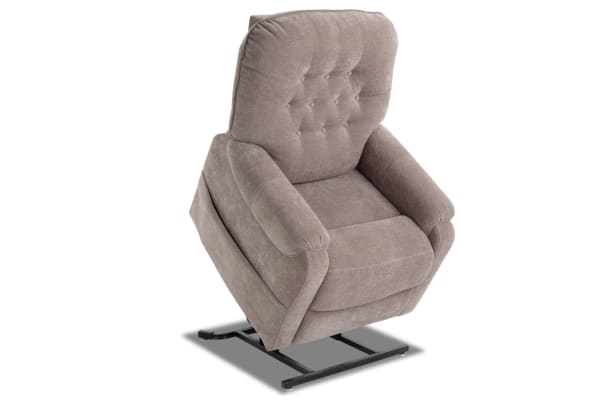 Transitional Amelia Ash Massaging Power Lift Recliner in taupe polyester fabric with tufted back, memory foam, USB port, heat, and massage features.