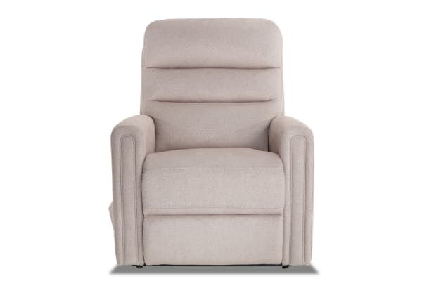Beige Nexus transitional power lift recliner with plush polyester fabric upholstery, memory foam cushions, and built-in USB port for charging.