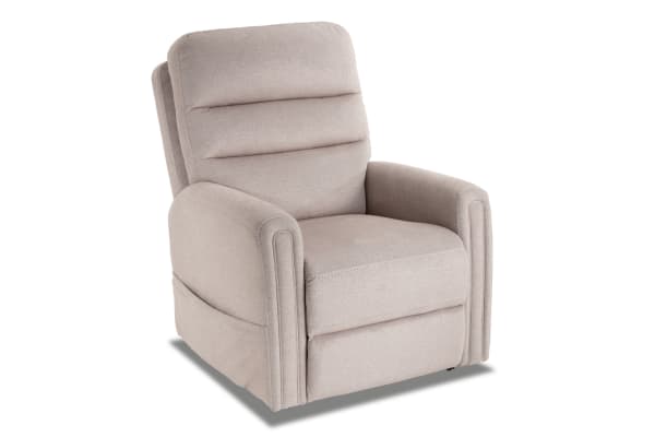 Beige Nexus transitional power lift recliner with plush polyester fabric upholstery, oversized cushions, memory foam, massage, heat, and USB port.
