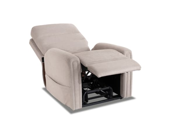 Nexus Beige Massaging Power Lift Recliner in transitional style with plush polyester fabric, memory foam cushions, USB port, and power lift function