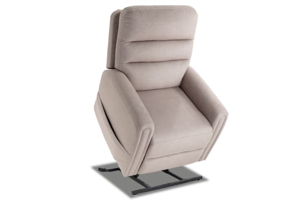 Beige Nexus transitional power lift recliner in polyester fabric with plush cushions, memory foam, massage, heat, and USB charging port.