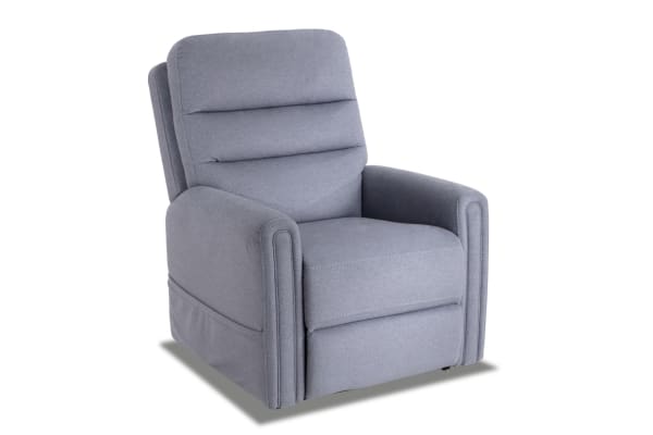 Nexus Gray Massaging Power Lift Recliner in gray polyester fabric with plush cushions, memory foam, heat, massage, and USB charging port.