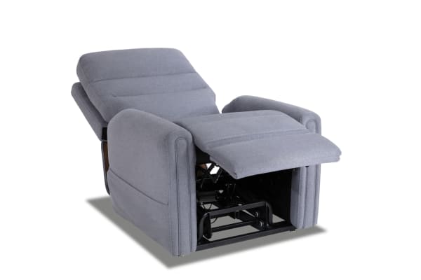 Nexus Gray Massaging Power Lift Recliner in gray polyester fabric with plush cushions, memory foam, heat, massage, USB port, and transitional style.