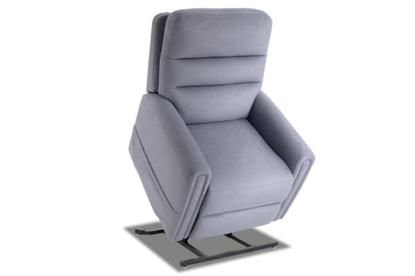 Gray Nexus transitional power lift recliner with plush polyester fabric, oversized cushions, memory foam, massage, heat, and USB port.