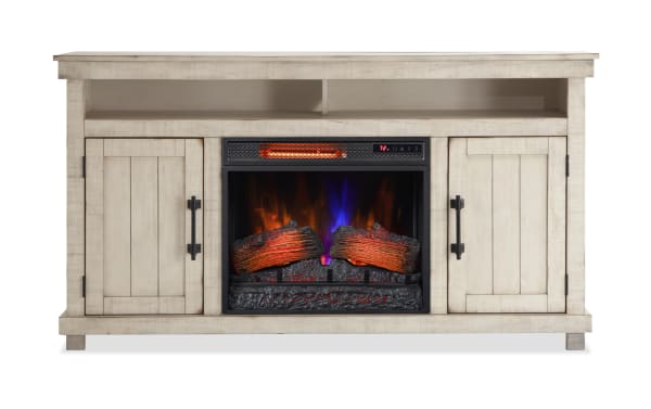 Kona 59.5'' white rustic electric fireplace and TV stand with MDF, tempered glass, metal, 3D flames, adjustable thermostat, remote, storage cabinets, open shelf.