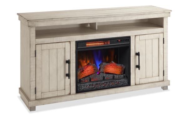 Kona 59.5'' white rustic MDF electric fireplace TV stand with 3D flames, tempered glass, metal hardware, open shelf, and cabinet storage.