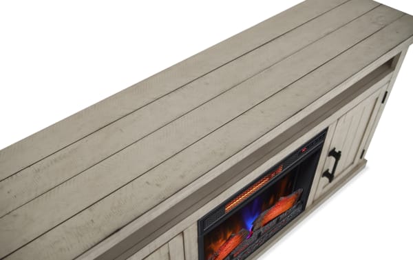 Rustic Kona 59.5" white MDF electric fireplace and TV stand with 3D flames, tempered glass, metal handles, and storage cabinets.