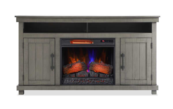 Kona 59.5'' Gray Rustic Electric Fireplace and TV Stand with MDF, tempered glass, metal, 3D flame effect, adjustable thermostat, remote, and storage shelves.