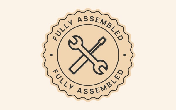 Rustic Kona Entertainment & Occasional seal with crossed wrench and screwdriver icons, text "Fully Assembled" in black on beige background, representing the Kona 59.5'' Gray Fully Assembled Electric Fireplace and TV Stand made of MDF, tempered glass, and metal.