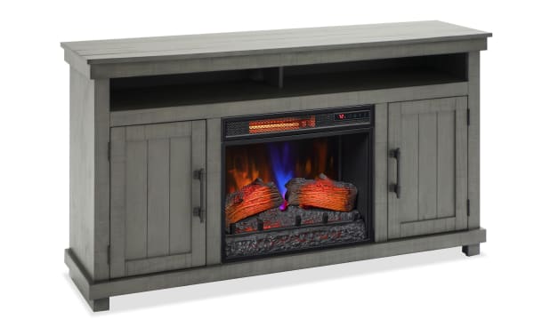 Kona 59.5'' gray rustic MDF electric fireplace and TV stand with 3D flame effect, tempered glass, metal hardware, open shelf, and dual cabinets.