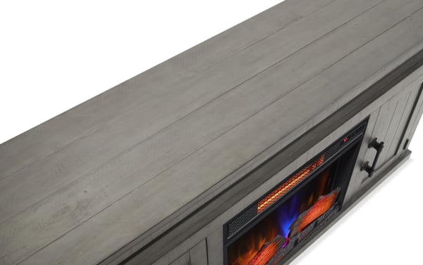 Kona 59.5'' gray rustic electric fireplace and TV stand with MDF, tempered glass, metal, 3D flames, digital thermostat, and storage cabinets.
