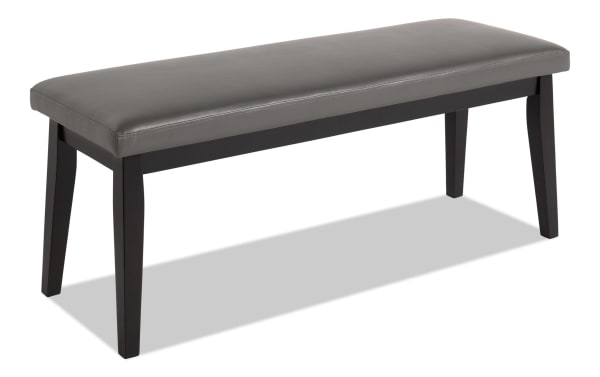 Elm Espresso & Gray Faux Leather Dining Bench with foam-filled gray upholstery, MDF frame, and espresso tapered legs in transitional style.