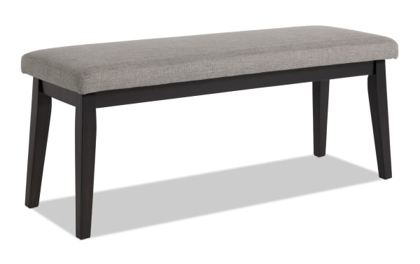 Elm Espresso & Light Gray Upholstered Dining Bench with foam-filled polyester fabric seat, MDF frame, and espresso-finished tapered legs in transitional style.