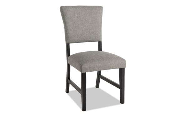 Transitional Elm Dining Chair with light gray polyester fabric upholstery, espresso MDF frame, and cushioned panel back for comfortable seating.