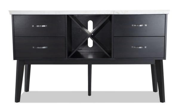 Elm Espresso & Marble 4 Drawer Server from Elm Dining collection, transitional style with espresso MDF body, white marble top, four drawers, and central wine storage.