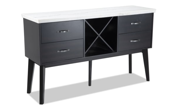 Elm Espresso & Marble 4 Drawer Server from Elm Dining collection, transitional style with black MDF frame, white marble top, four drawers, and central wine storage.