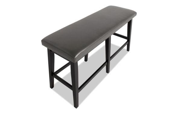 Transitional Elm Dining counter height bench in gray faux leather upholstery with foam padding, MDF frame, and sturdy four-leg design.