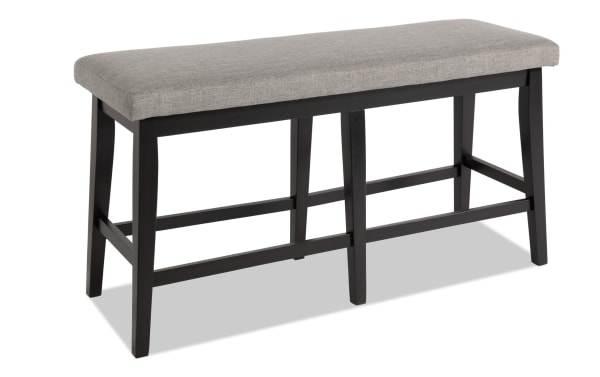 Transitional Elm Dining bench in light gray polyester fabric upholstery with espresso MDF frame, designed for counter height seating with sturdy legs.