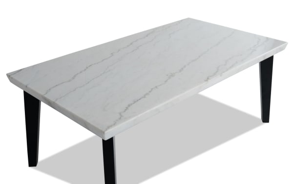 Elm Espresso & Marble Coffee Table from Elm Occasional collection, featuring a sleek white marble top with gray veining and black tapered MDF legs in contemporary style.