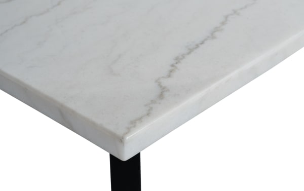 Contemporary Elm Espresso & Marble Coffee Table with smooth white marble top featuring natural gray veining and sturdy black MDF frame from Elm Occasional collection.