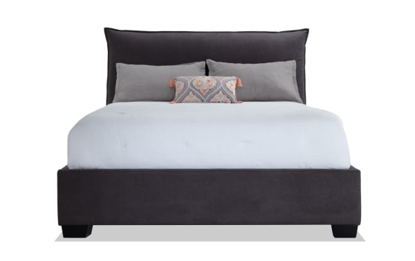 Dream King Gray Upholstered Panel Bed in transitional style with soft gray polyester fabric, memory foam pillow-back headboard, and USB/C charging ports.