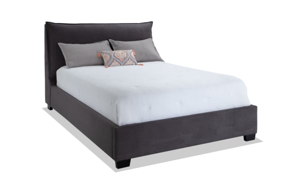 Dream King Gray Upholstered Panel Bed with soft polyester fabric, transitional style, memory foam pillow back headboard, and built-in USB/C charging ports.