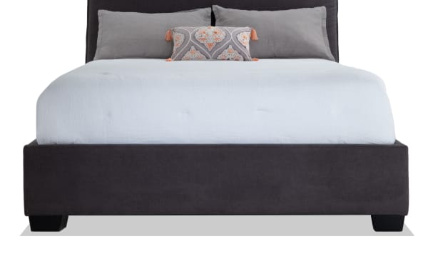 Dream King Gray Upholstered Panel Bed with polyester fabric, transitional style, memory foam pillow-back headboard, and built-in USB/C charging ports.