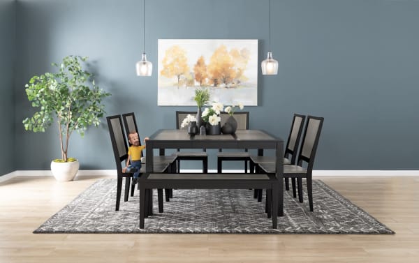 Fusion Black & Gray Counter Bench from Fusion Dining collection, transitional style with acacia veneers, wood frame, and gray fabric seat.