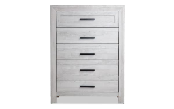 Calvin White 5 Drawer Chest in engineered wood grain with natural plank texture, black handles, contemporary style from Calvin Bedroom collection.