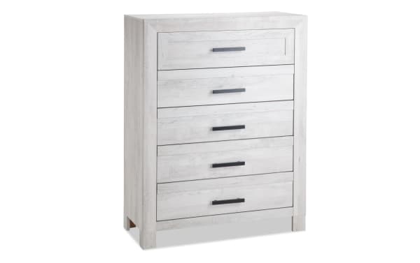 Calvin White 5 Drawer Chest in engineered wood grain with natural plank texture, contemporary style, clean silhouette, and spacious storage drawers.