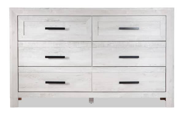 Calvin White 6 Drawer Dresser in engineered wood grain with a contemporary plank-style design, black handles, and six spacious drawers for versatile bedroom storage.