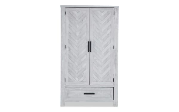Calvin White 2 Drawer Armoire from Calvin Bedroom collection, transitional style with MDF and acacia veneers, chevron door design, adjustable rod, and natural wood grain.