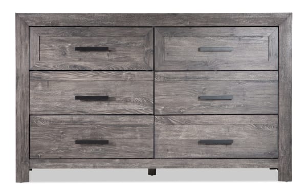 Calvin Gray 6 Drawer Dresser in engineered wood grain with a contemporary plank-style design, featuring six spacious drawers and black metal handles.